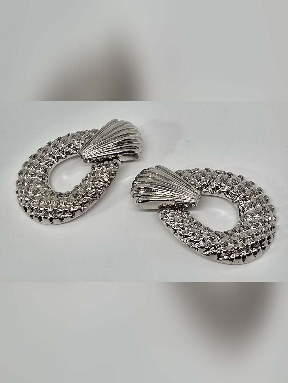 Silver Tone Texture Clip On  Hoop Drop Earrings